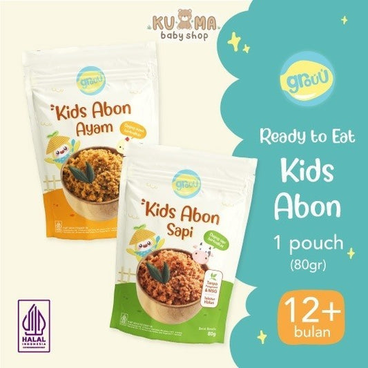 Grouu - Abon Kids Ayam & Sapi (cocok untuk 12+ Bulan) - Tekstur lebih padat dibanding Abon Mpasi - No MSG - Lauk, Snack Anak - Chicken & Beef