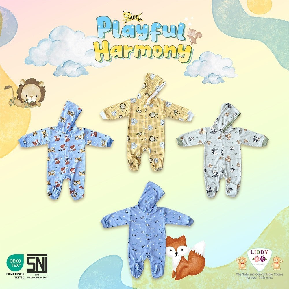 LIBBY Piyama Baju Kodok Newborn Bayi Laki laki Perempuan Motif Playful Harmony (1 pcs)-Sleepsuit-Bodysuit-Play Suit-Jumper Pendek-Jumper Panjang