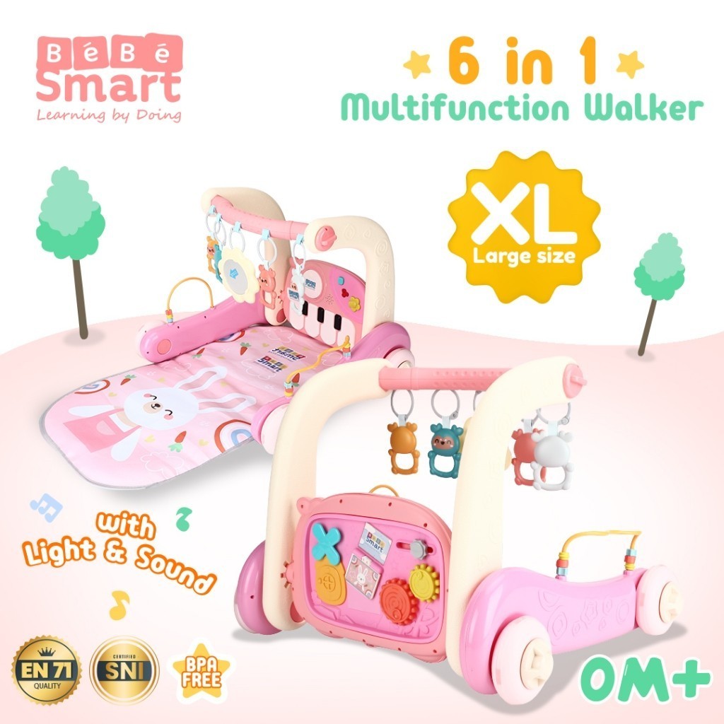 BEBE SMART 6 in 1 Multifunction Walker / Mainan Dorong Bayi / Mainan Matras / Alat Bantu Jalan / Pianogym / Push Walker