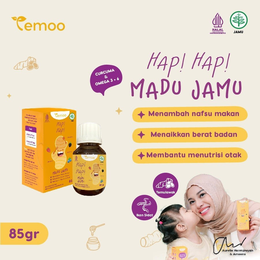 Temoo Hap Hap Madu Jamu 85 gr - Vitamin Penggemuk Badan Anak & Vitamin Otak Anak Cerdas Daya Ingat - Obat Nafsu Makan Gemuk Berat Badan Balita Suplemen Makanan T11