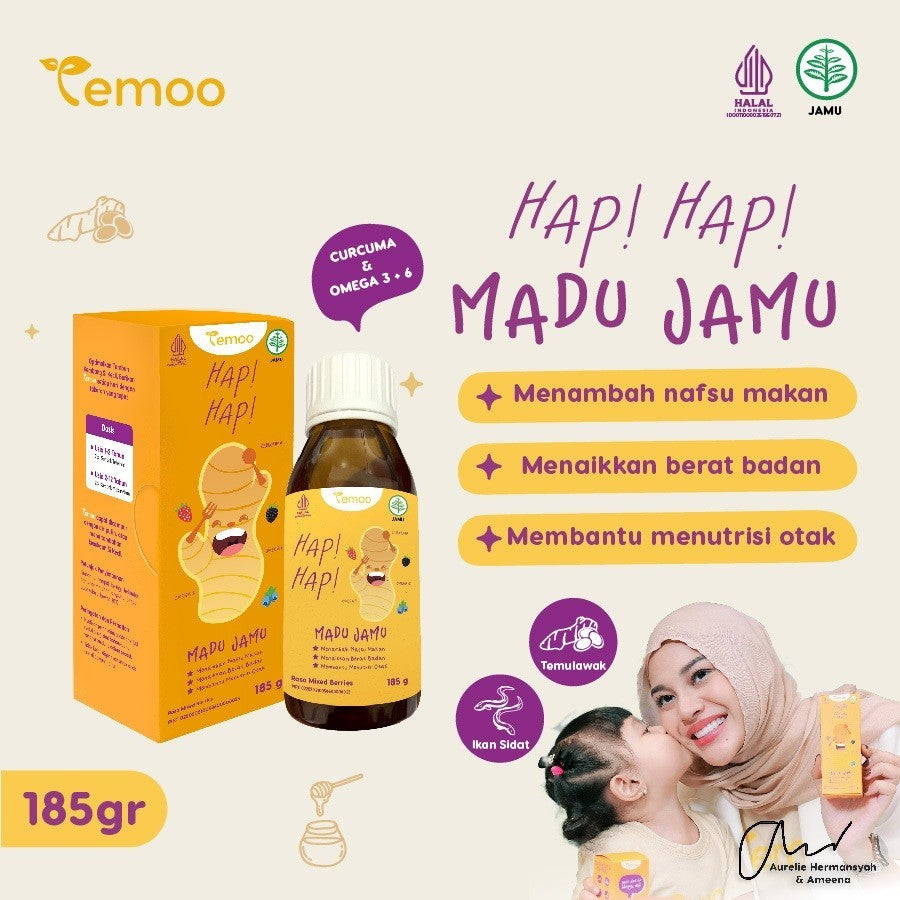 Temoo Hap Hap Madu Jamu 185 gr - Vitamin Penggemuk Badan Anak & Vitamin Otak Anak Cerdas Daya Ingat - Obat Nafsu Makan Gemuk Berat Badan Balita Suplemen Makanan T22