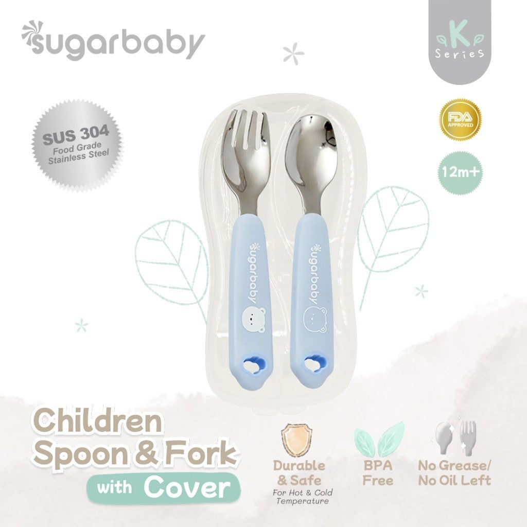 Sugar Baby Stainless Steel Children Spoon & Fork with Cover / Sendok Garpu Stainless Sugarbaby dengan penutup/case