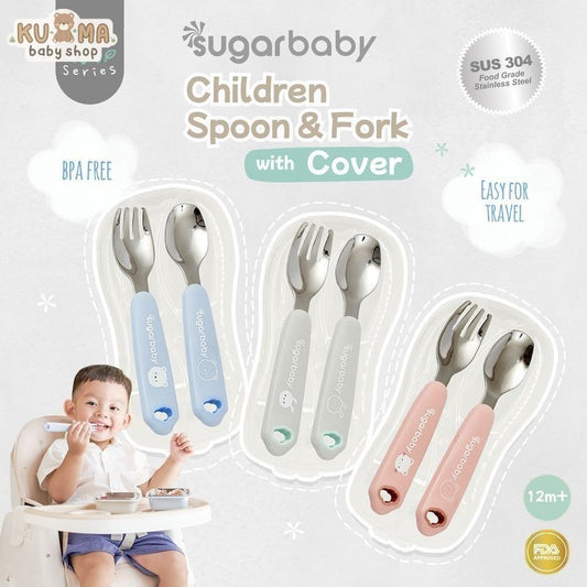 Sugar Baby Stainless Steel Children Spoon & Fork with Cover / Sendok Garpu Stainless Sugarbaby dengan penutup/case