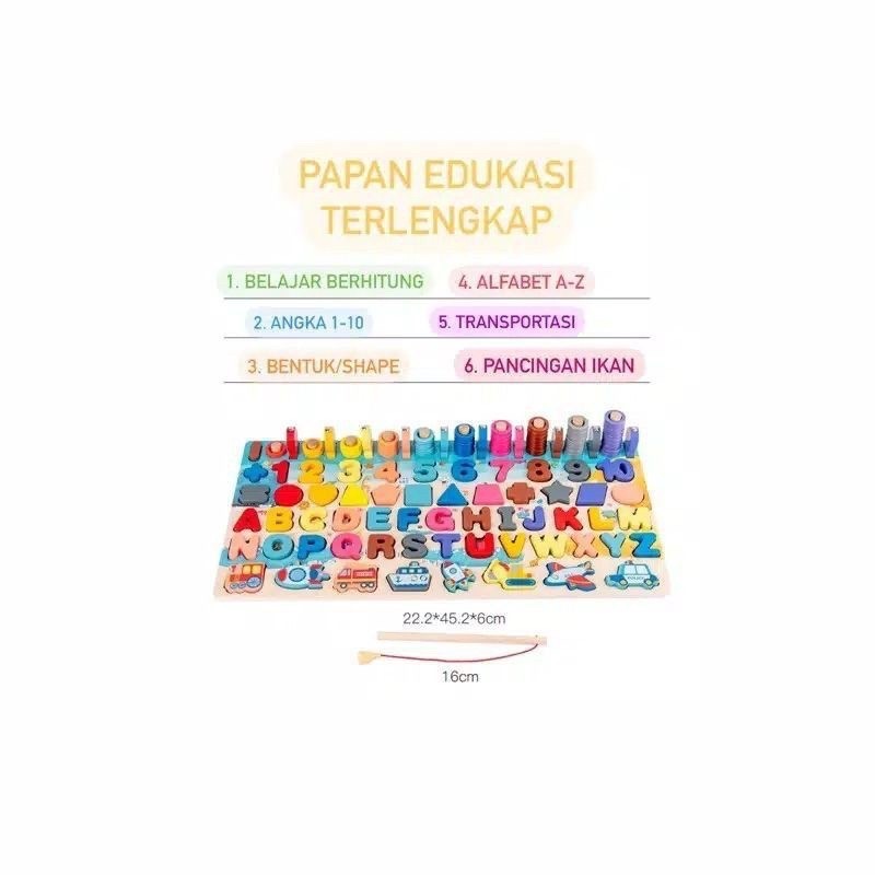 Mainan Edukasi 7in1 Puzzle Kayu Anak Huruf dan Angka Pancing Ikan Montessori Wooden Toys