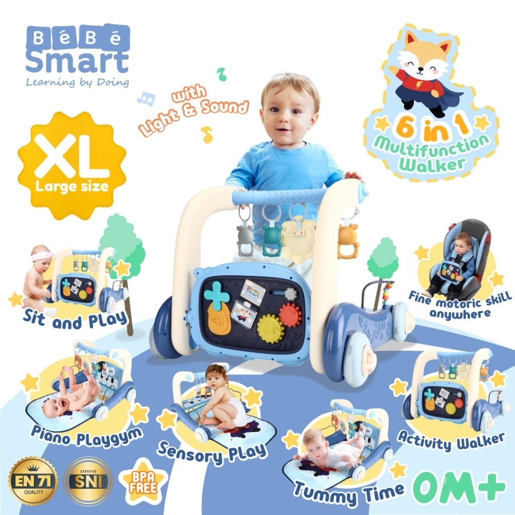 BEBE SMART 6 in 1 Multifunction Walker / Mainan Dorong Bayi / Mainan Matras / Alat Bantu Jalan / Pianogym / Push Walker