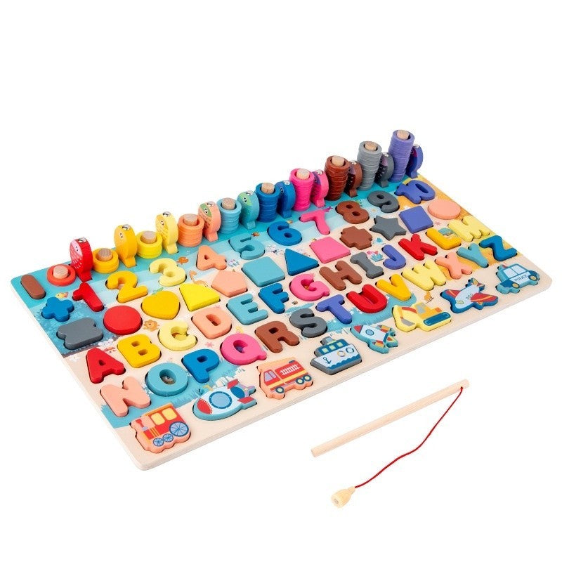 Mainan Edukasi 7in1 Puzzle Kayu Anak Huruf dan Angka Pancing Ikan Montessori Wooden Toys