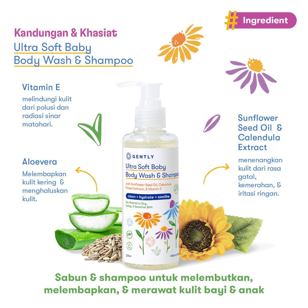 Gently Ultra Soft Body Wash & Shampoo 250ml Sls Free Calendula Sunflower Seed Gatal Ruam Bayi