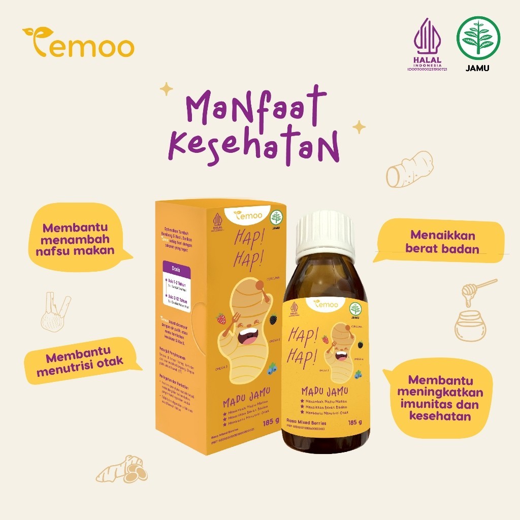 Temoo Hap Hap Madu Jamu 85 gr - Vitamin Penggemuk Badan Anak & Vitamin Otak Anak Cerdas Daya Ingat - Obat Nafsu Makan Gemuk Berat Badan Balita Suplemen Makanan T11