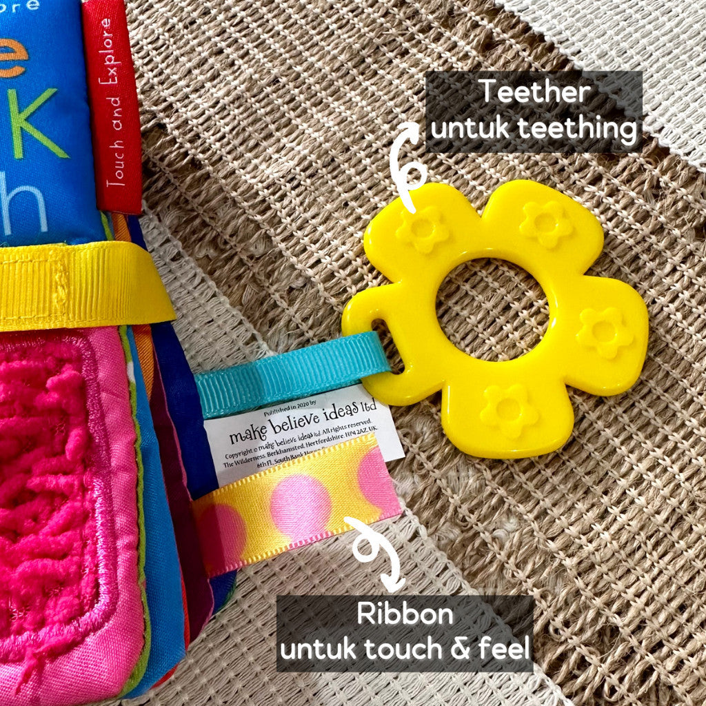 Interactive Baby Softbook / Buku Kain Bayi Interaktif - Shake Look Touch & Cuddle Squeak Peek