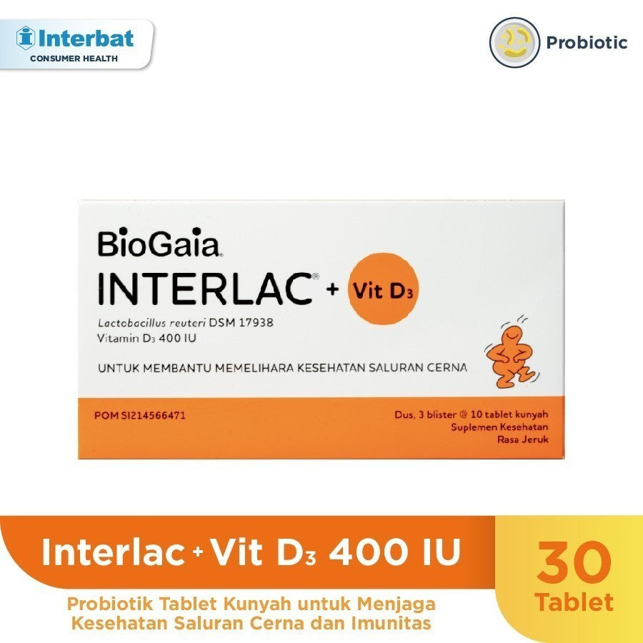 Interlac Probiotik + Vit D3 400 IU - 3 Strip @ 10 Tablet