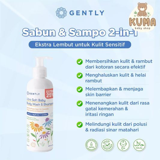 Gently Ultra Soft Body Wash & Shampoo 250ml Sls Free Calendula Sunflower Seed Gatal Ruam Bayi