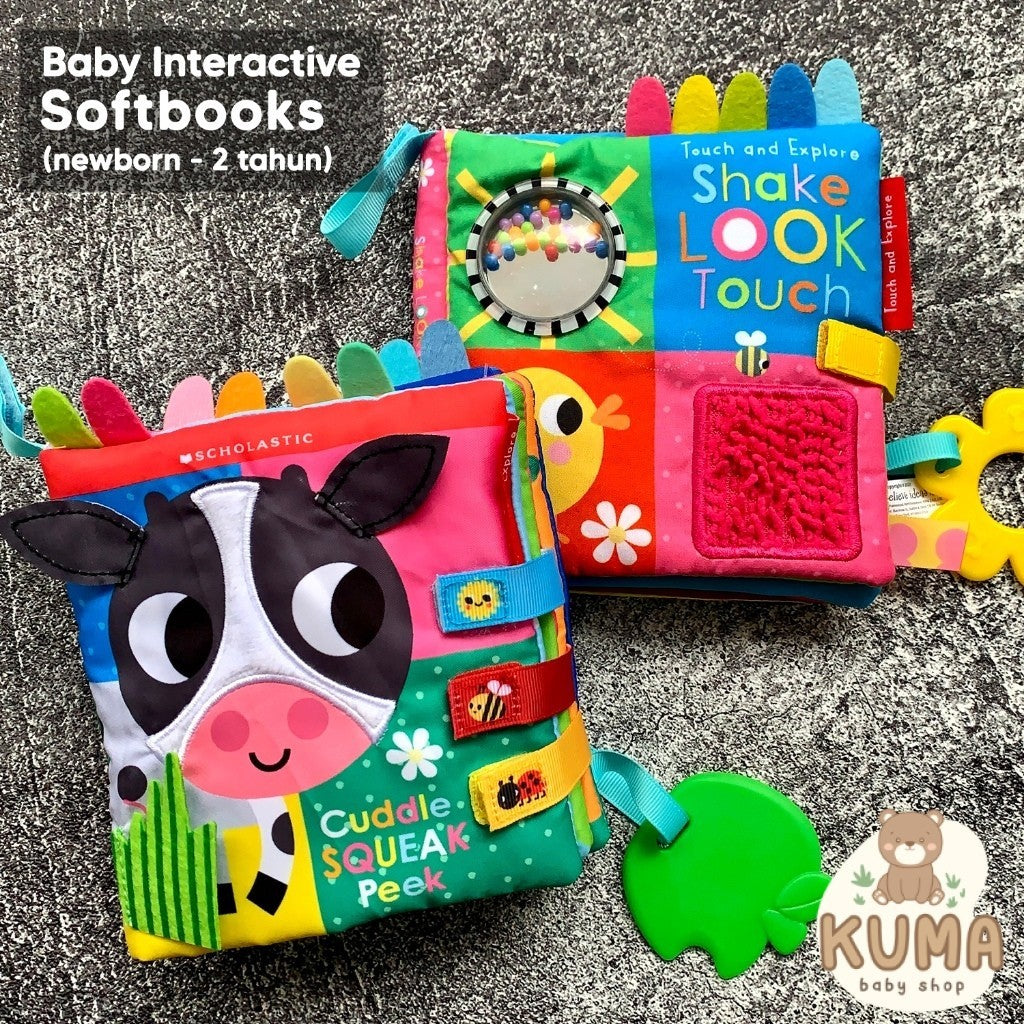 Interactive Baby Softbook / Buku Kain Bayi Interaktif - Shake Look Touch & Cuddle Squeak Peek
