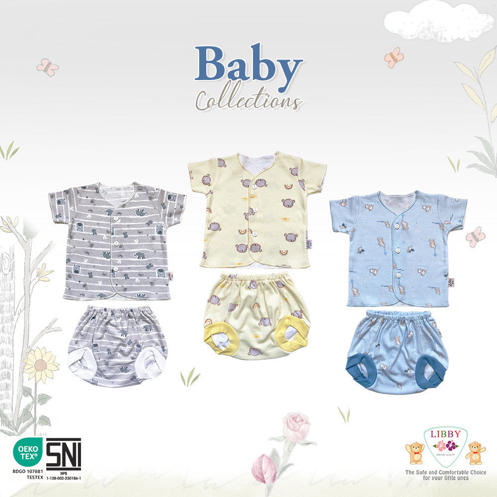 LIBBY Setelan Piyama Baju Kancing Newborn Laki Laki Perempuan Unisex Motif Baby Collections (1 Stel)