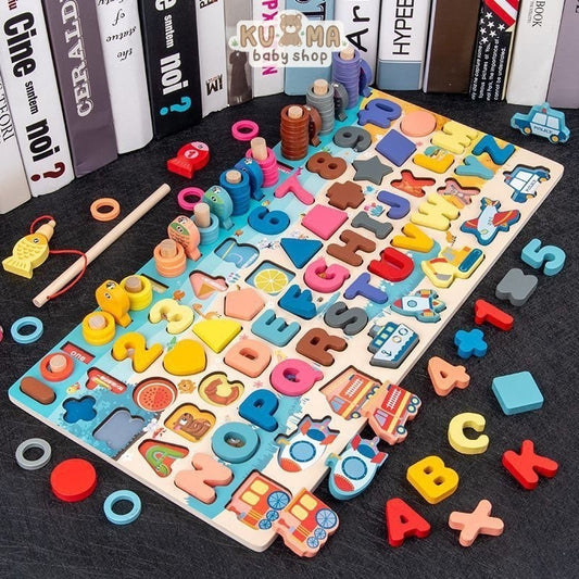 Mainan Edukasi 7in1 Puzzle Kayu Anak Huruf dan Angka Pancing Ikan Montessori Wooden Toys