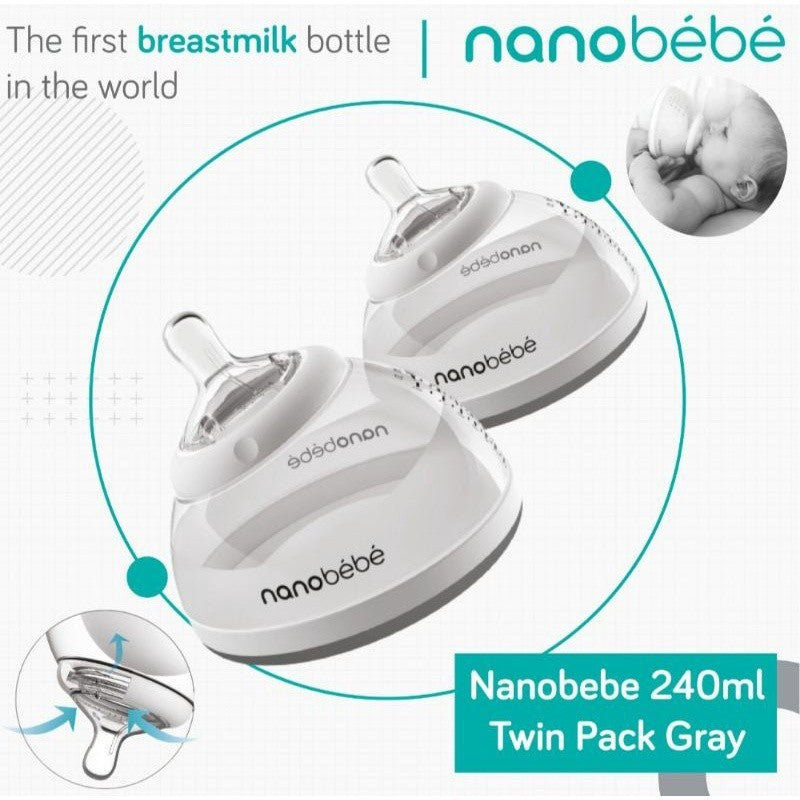 Nanobebe 240ml Twin Pack Gray Anti Colic –  Botol Susu Bayi Anak Anti Kolik