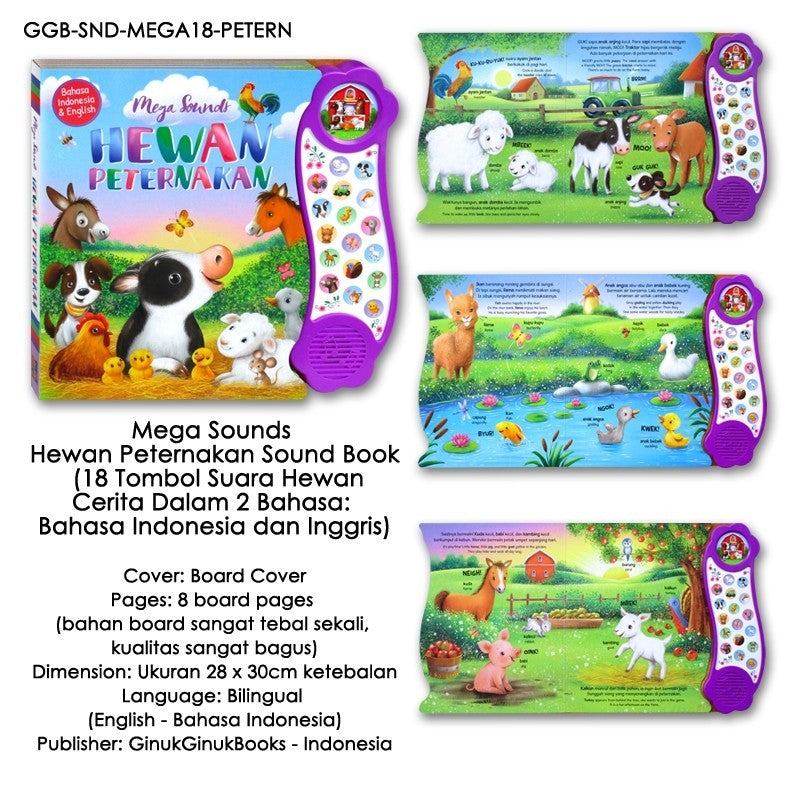 Mega Sounds Hewan Peternakan 18 tombol suara (Bilingual: Bahasa Indonesia & Inggris) Sound book - Buku bersuara - Board book [Ginukginuk]