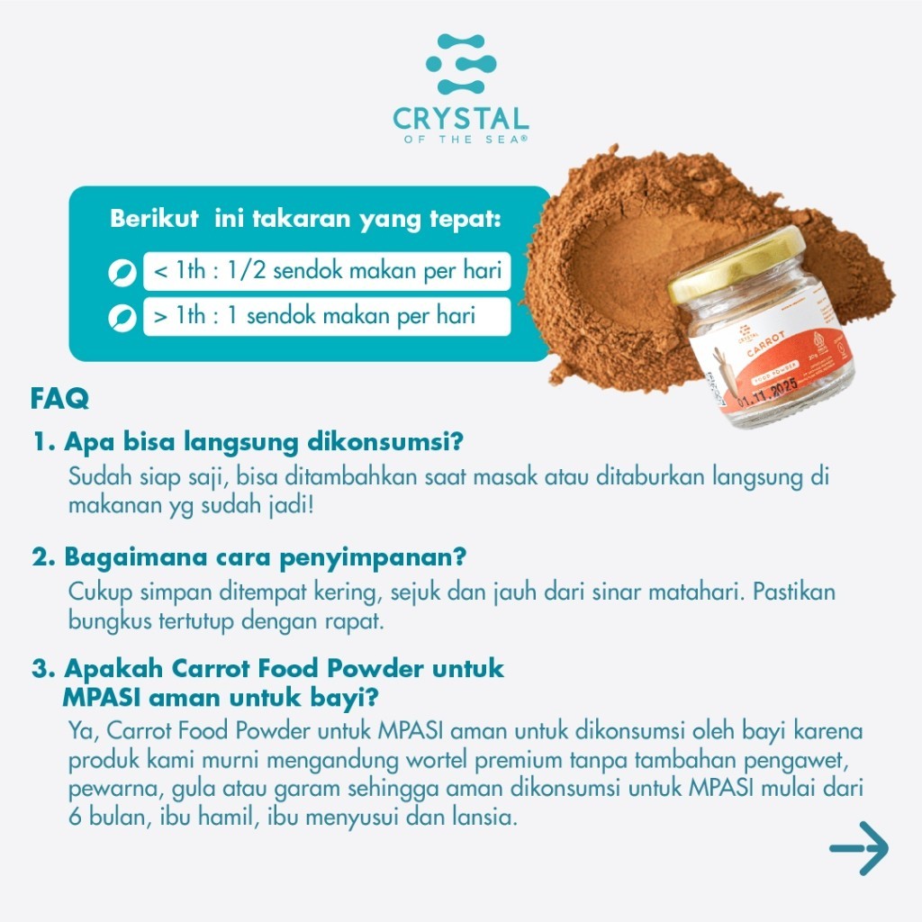 Crystal Farm | Carrot Food Powder (20gr) / Bubuk Sayuran Wortel / Bumbu MPASI Natural / Bubuk Tabur Gizi Non MSG Sehat / Vegetable Powder Vitamin Mata dan Kulit / Perisa Alami Makanan Minuman / Smoothies Juice Powder