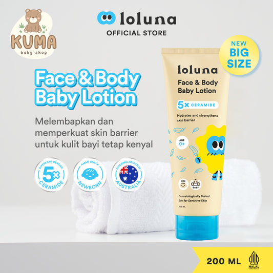 Loluna Face & Body Baby Lotion 200ml - Lotion Krim Muka dan Badan Bayi dan Anak / Krim untuk Newborn / 5x Ceramide