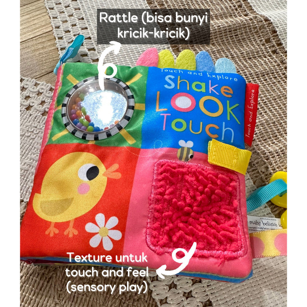 Interactive Baby Softbook / Buku Kain Bayi Interaktif - Shake Look Touch & Cuddle Squeak Peek