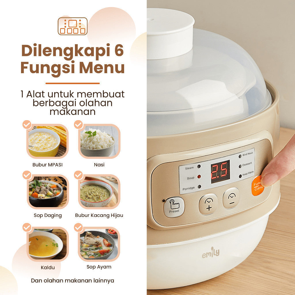 Emily Slow Cooker + Steamer 0,8 Lt ESC-37006 / MPASI Cooker / Panci MPASI