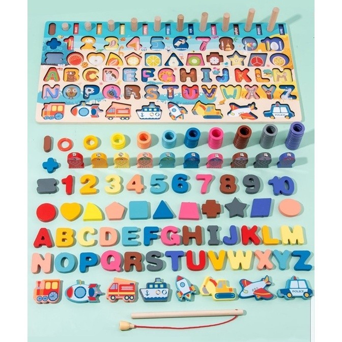 Mainan Edukasi 7in1 Puzzle Kayu Anak Huruf dan Angka Pancing Ikan Montessori Wooden Toys