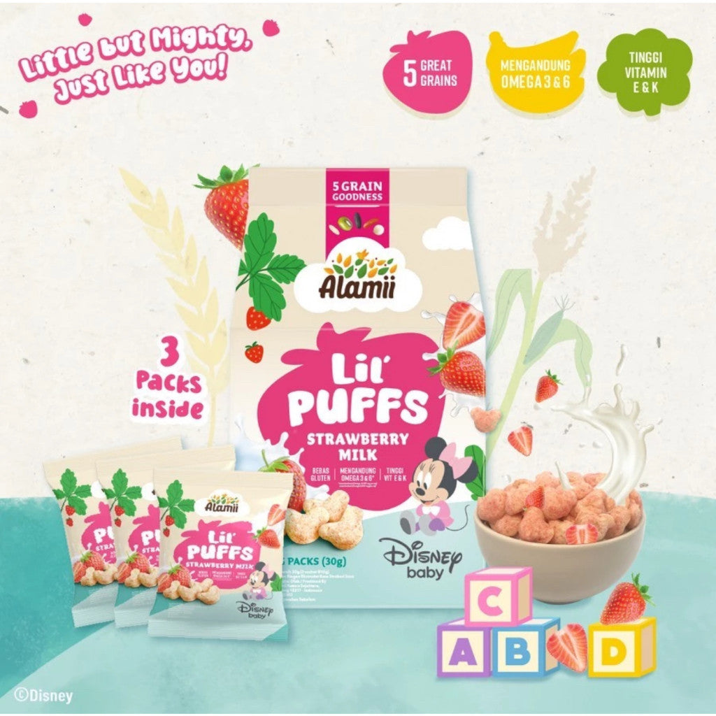 Alamii Lil' Puffs Disney Edition - Stroberi Milk Banana Milk Veggie Garden 30g (3 packs x 10g) Snack bayi snack mpasi cemilan bayi