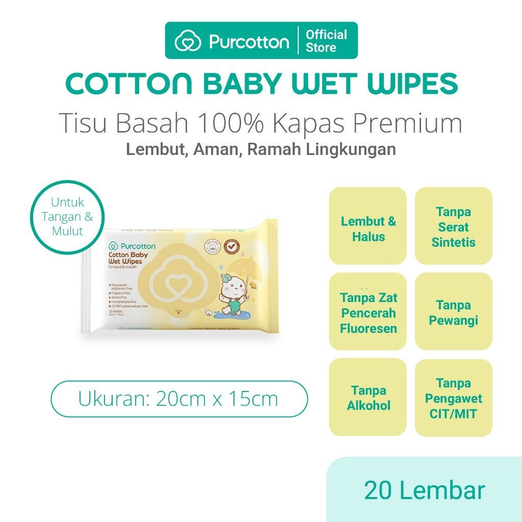 PURCOTTON Natural Baby Cotton Wet Wipes 20 Lembar - Tisu Basah Bayi Natural Non Alkohol Lembut dan Aman Ultra soft