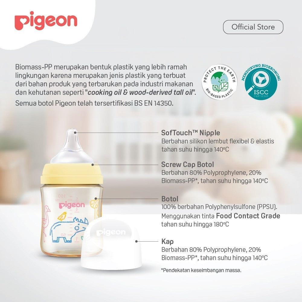 PIGEON Botol Biomass-PPSU Wide Neck 160ml with SofTouch Nipple | Botol Susu Bayi | Botol PPSU | Medical Grade | Botol Ramah Lingkungan| Botol Anti Kolik| Nipple Lembut dan Elastis Seperti Payudara Ibu