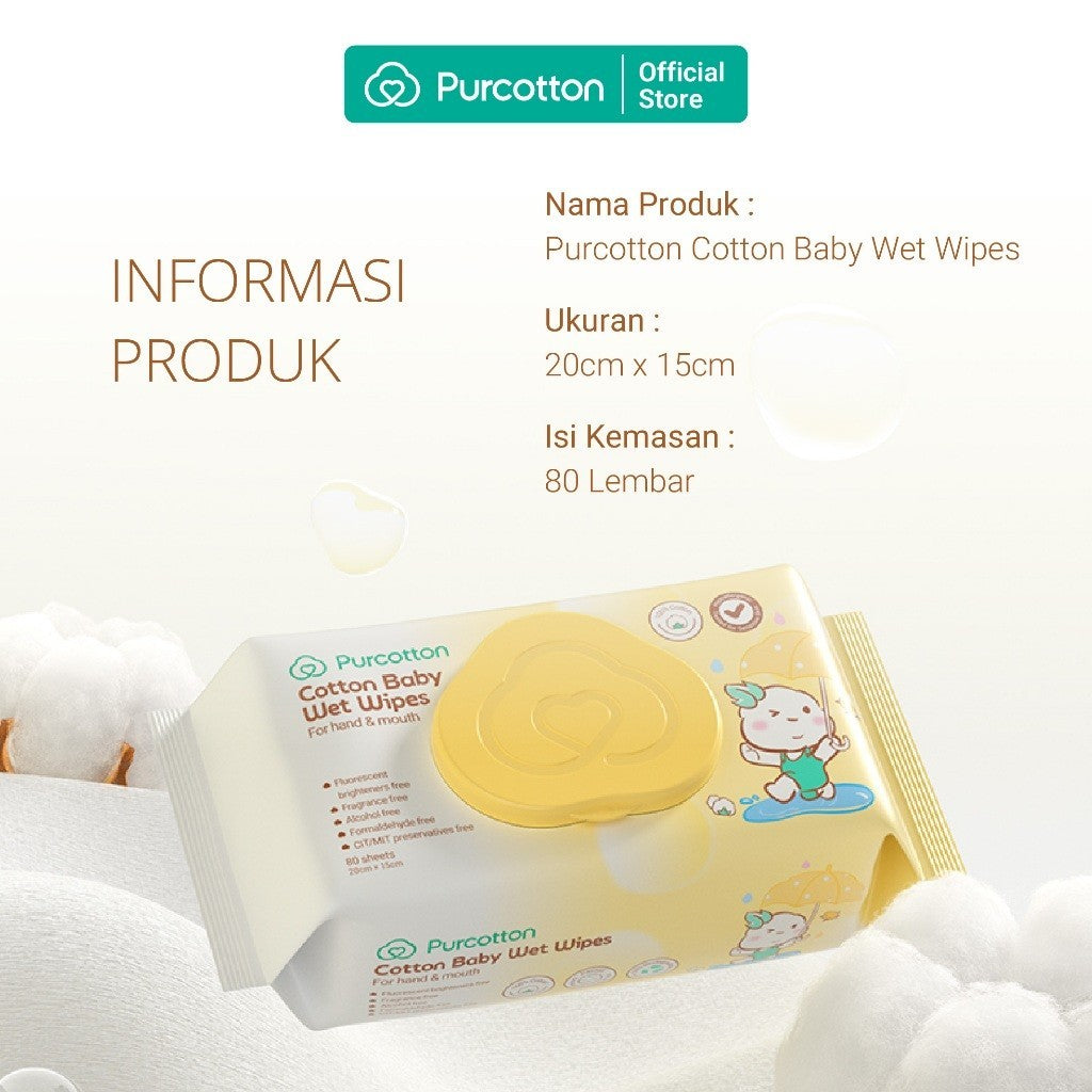PURCOTTON Tisu Basah Bayi Natural Cotton 80 Lembar - Tisu Basah Bayi Lembut Non Alkohol Ultra Soft