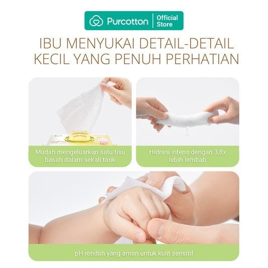 PURCOTTON Natural Baby Cotton Wet Wipes 20 Lembar - Tisu Basah Bayi Natural Non Alkohol Lembut dan Aman Ultra soft