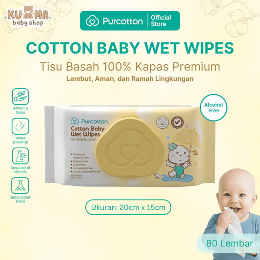 PURCOTTON Tisu Basah Bayi Natural Cotton 80 Lembar - Tisu Basah Bayi Lembut Non Alkohol Ultra Soft