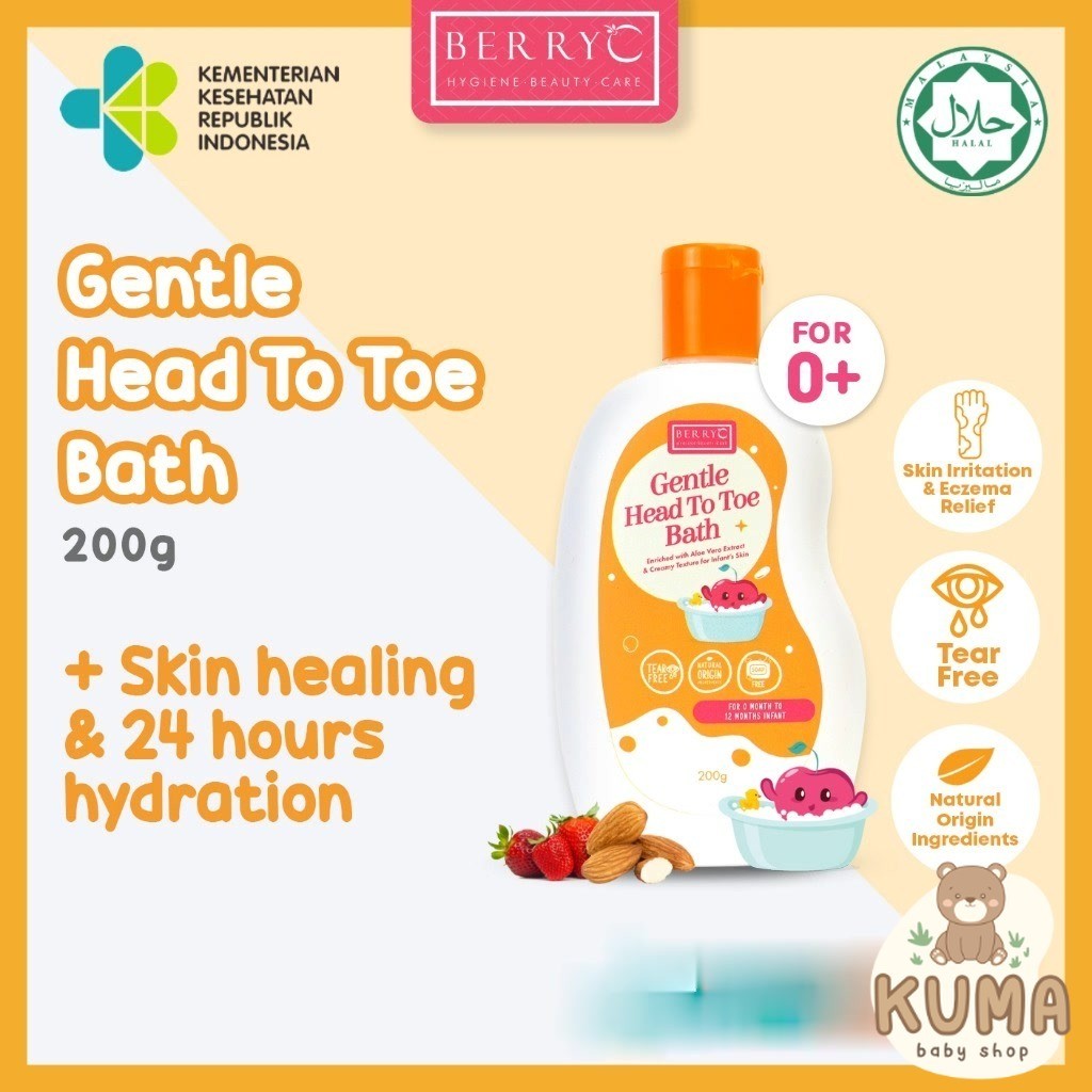 BerryC Gentle Head to Toe Wash 200 gr Baby Care Natural Sabun & Shampo 3in1 Perawatan Kulit Sensitif Bayi Aman Untuk Eczema Sensitive Skin Kering Dry Normal Active Harum Wangi Soap Shampoo Baby Kids Children Care Organic Organik