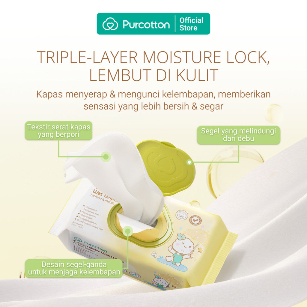 PURCOTTON Natural Baby Cotton Wet Wipes 20 Lembar - Tisu Basah Bayi Natural Non Alkohol Lembut dan Aman Ultra soft