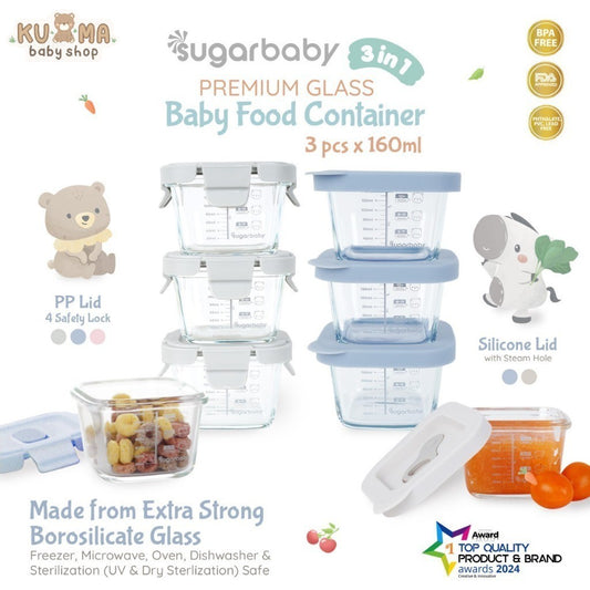 SugarBaby Premium Glass Jar Baby Food Container 3 pcs BPA FREE / Peralatan Makan Bayi MPASI / Wadah Mangkok Bayi Silicone Lid & Plastic Lid