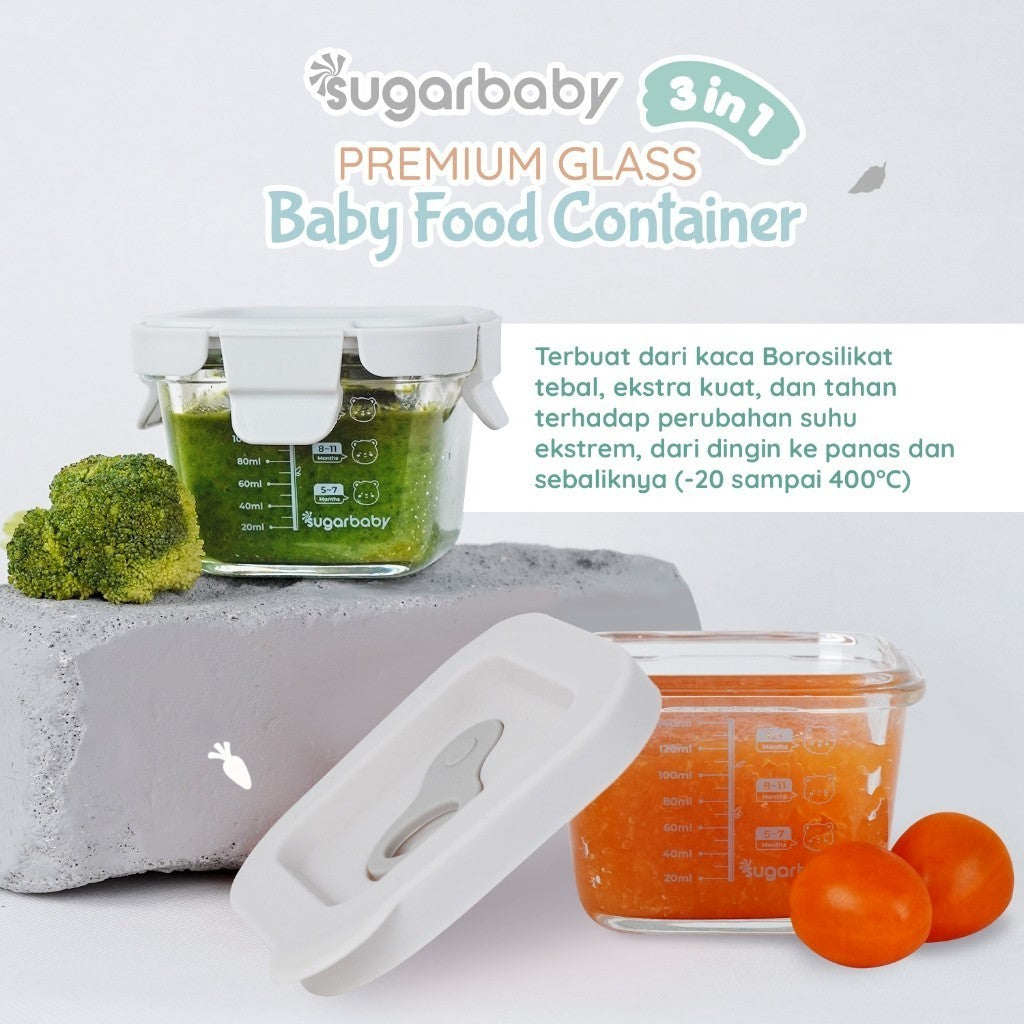 SugarBaby Premium Glass Jar Baby Food Container 3 pcs BPA FREE / Peralatan Makan Bayi MPASI / Wadah Mangkok Bayi Silicone Lid & Plastic Lid