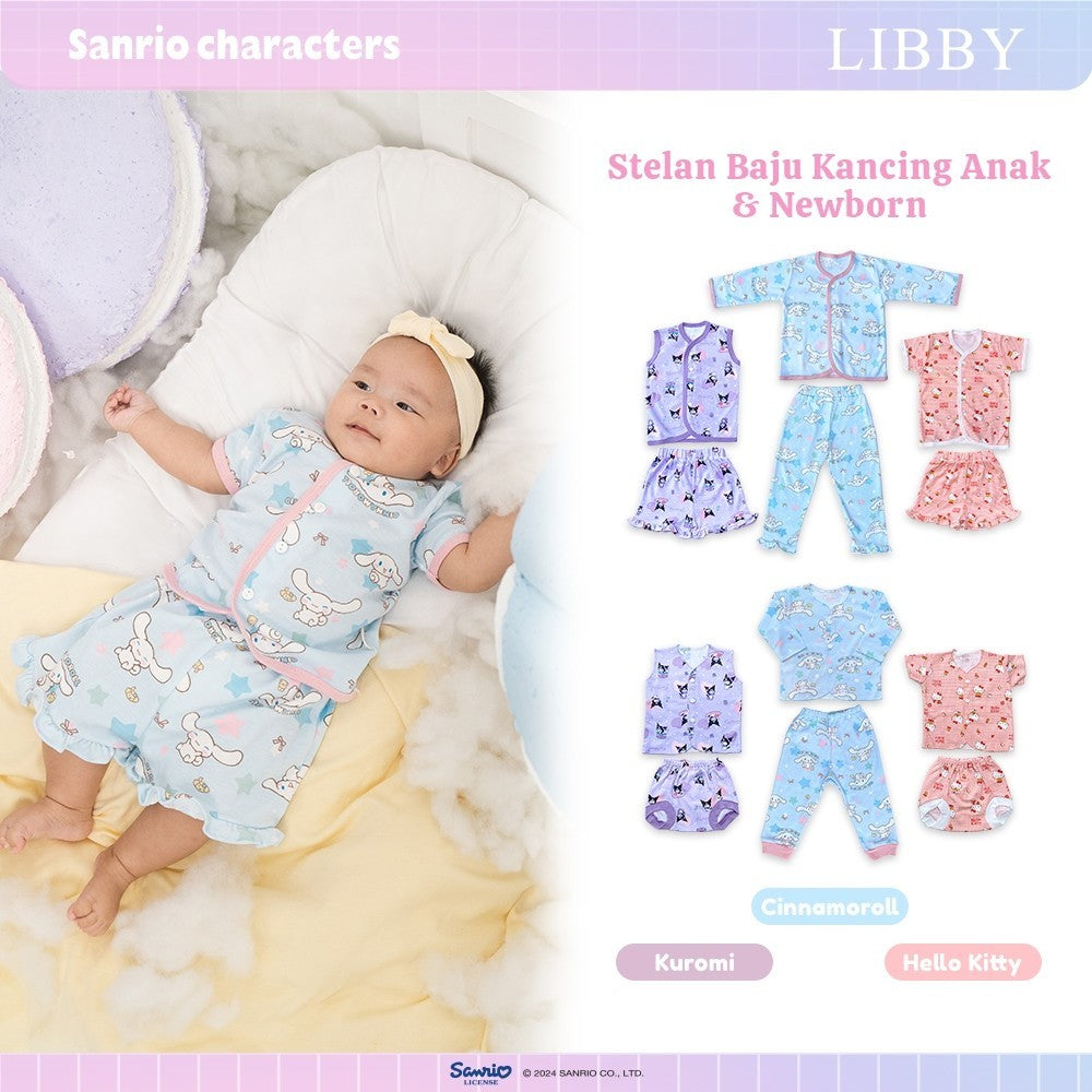 LIBBY Sanrio Setelan Piyama Baju Kancing Newborn Bayi & Anak Kecil Perempuan Kuromi Cinnamoroll Hello Kitty (1 Stel)