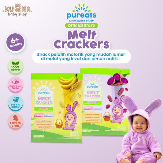 Pureats Melt Cracker camilan sehat untuk si kecil yang terbuat dari perpaduan buah dan sayuran segar pilihan