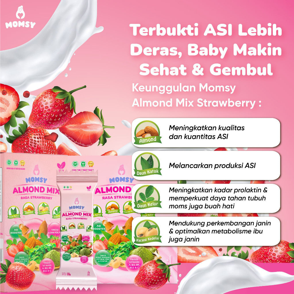 MOMSY ALMOND Mix Rasa Cokelat, Strawberry & Vanilla [6 / 20 sachet] Susu Pelancar ASI Menyegarkan dan Rendah Gula BPOM & HALAL