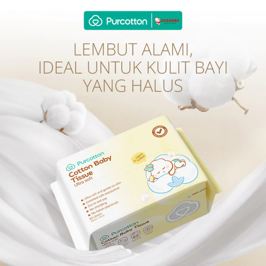 PURCOTTON Natural Baby Cotton Tissue 80 Lembar - Tisu Bayi Lembut dan Aman untuk Kulit Sensitif