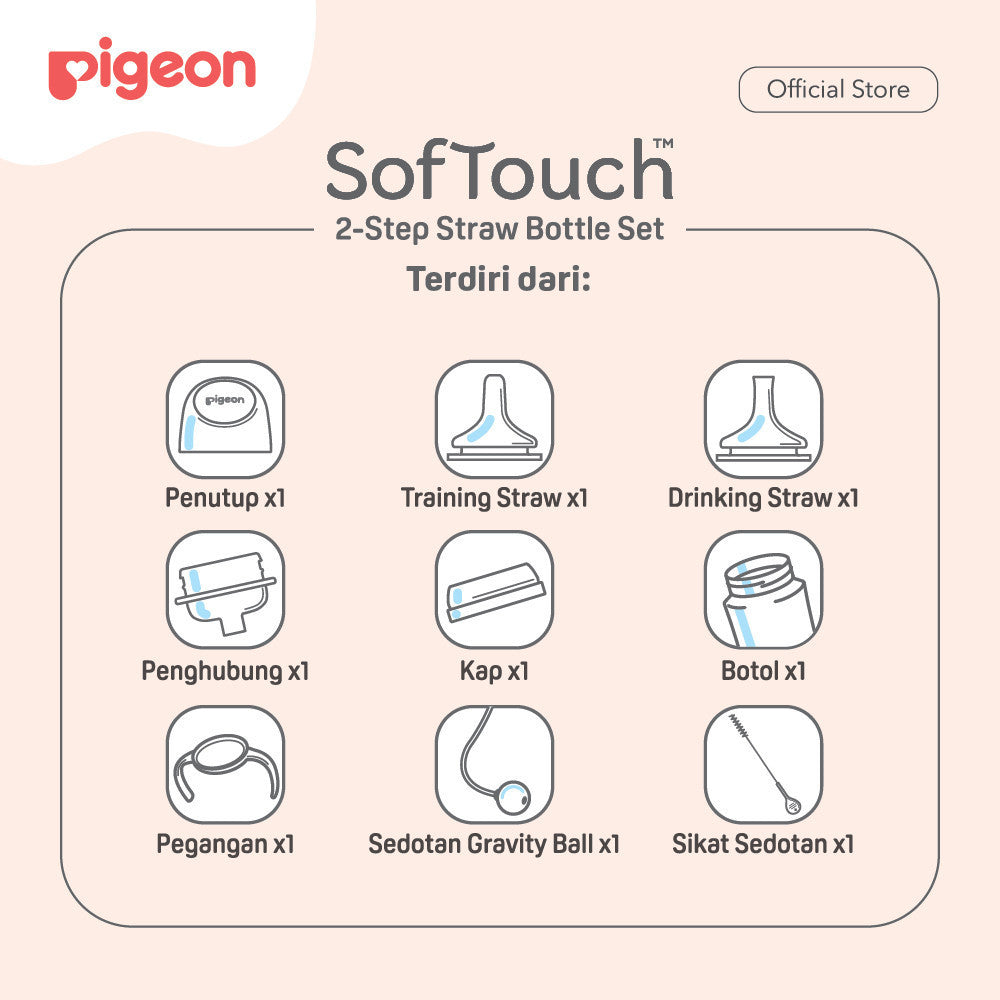 PIGEON BOTOL BPP WIDE NECK 240 W/SOFTOUCH STRAW ALL IN ONE SET Botol Minum Anak Belajar