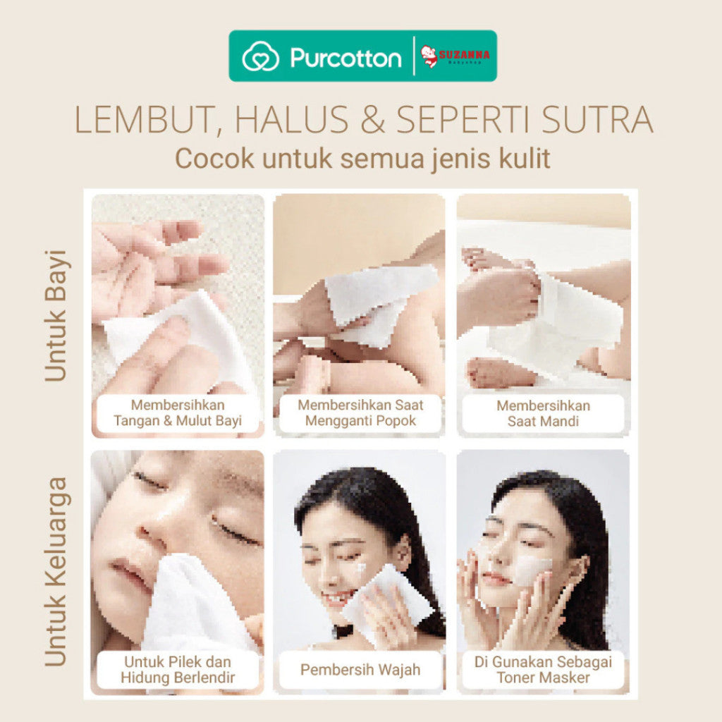 PURCOTTON Natural Baby Cotton Tissue 80 Lembar - Tisu Bayi Lembut dan Aman untuk Kulit Sensitif
