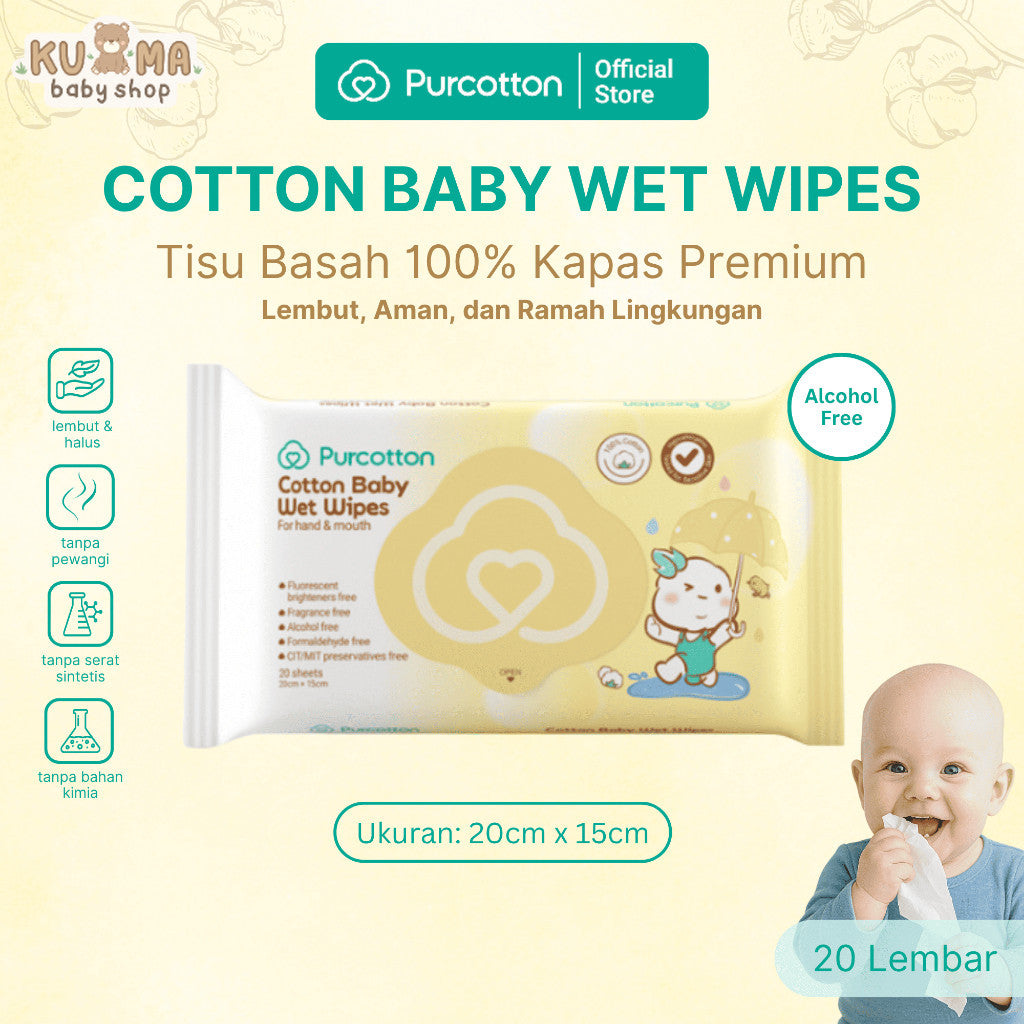 PURCOTTON Natural Baby Cotton Wet Wipes 20 Lembar - Tisu Basah Bayi Natural Non Alkohol Lembut dan Aman Ultra soft