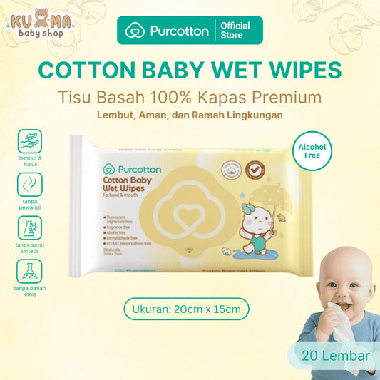 PURCOTTON Natural Baby Cotton Wet Wipes 20 Lembar - Tisu Basah Bayi Natural Non Alkohol Lembut dan Aman Ultra soft