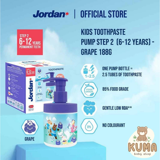 Jordan Kids Toothpaste Step 2 Pump/Refill 188gr Grape Odol Pasta Gigi Anak 6 -12 Tahun