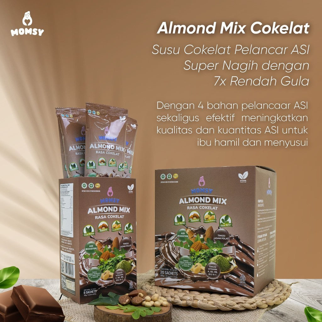 MOMSY ALMOND Mix Rasa Cokelat, Strawberry & Vanilla [6 / 20 sachet] Susu Pelancar ASI Menyegarkan dan Rendah Gula BPOM & HALAL