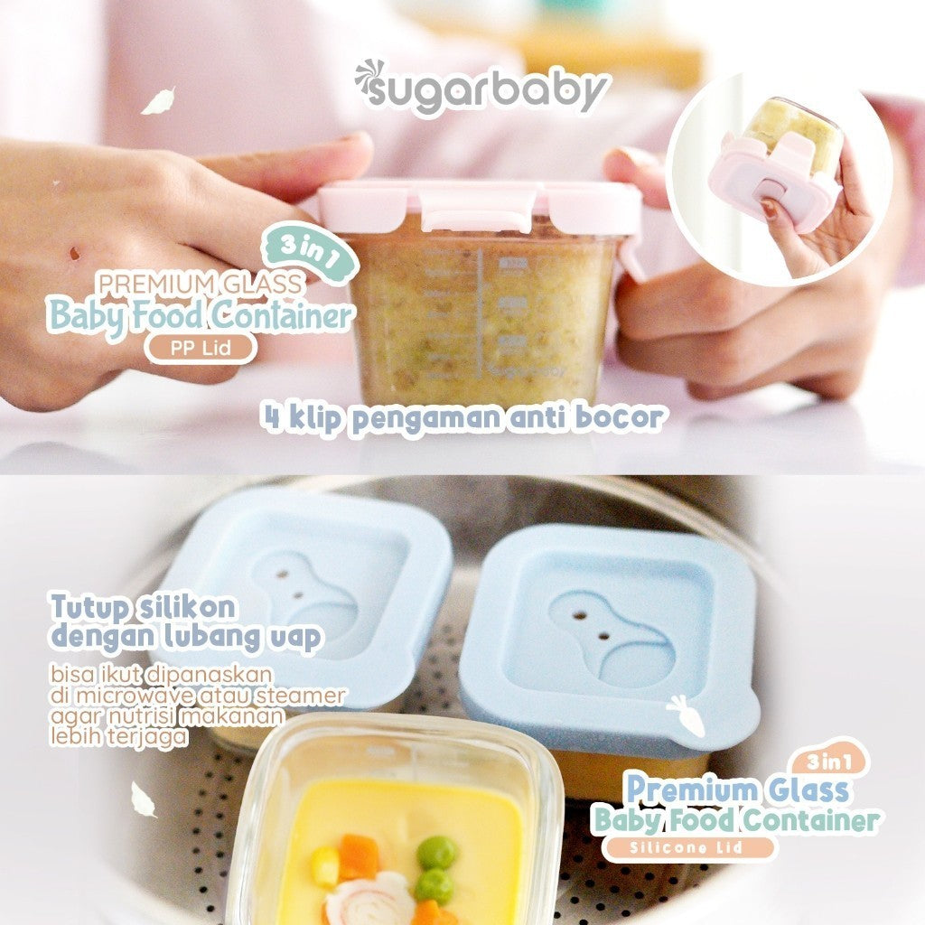 SugarBaby Premium Glass Jar Baby Food Container 3 pcs BPA FREE / Peralatan Makan Bayi MPASI / Wadah Mangkok Bayi Silicone Lid & Plastic Lid