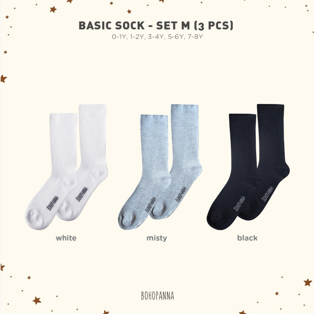 BOHOPANNA - BASIC SOCK - BUNDLING SOCK ISI 3 - KAOS KAKI SEKOLAH ANAK HITAM PUTIH ABU