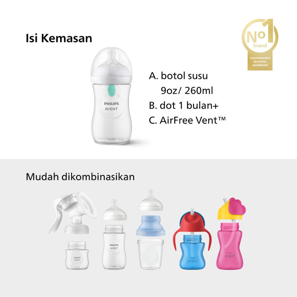 Philips Avent | Botol Susu Bayi | AirFree Vent Natural Response | Dot Seperti Payudara Ibu & Ekstra Anti Kolik | 260 ml | Single | SCY673/01