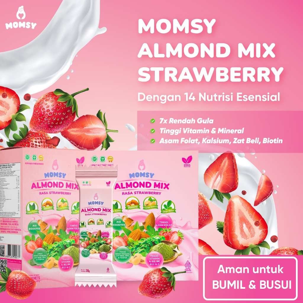 MOMSY ALMOND Mix Rasa Cokelat, Strawberry & Vanilla [6 / 20 sachet] Susu Pelancar ASI Menyegarkan dan Rendah Gula BPOM & HALAL