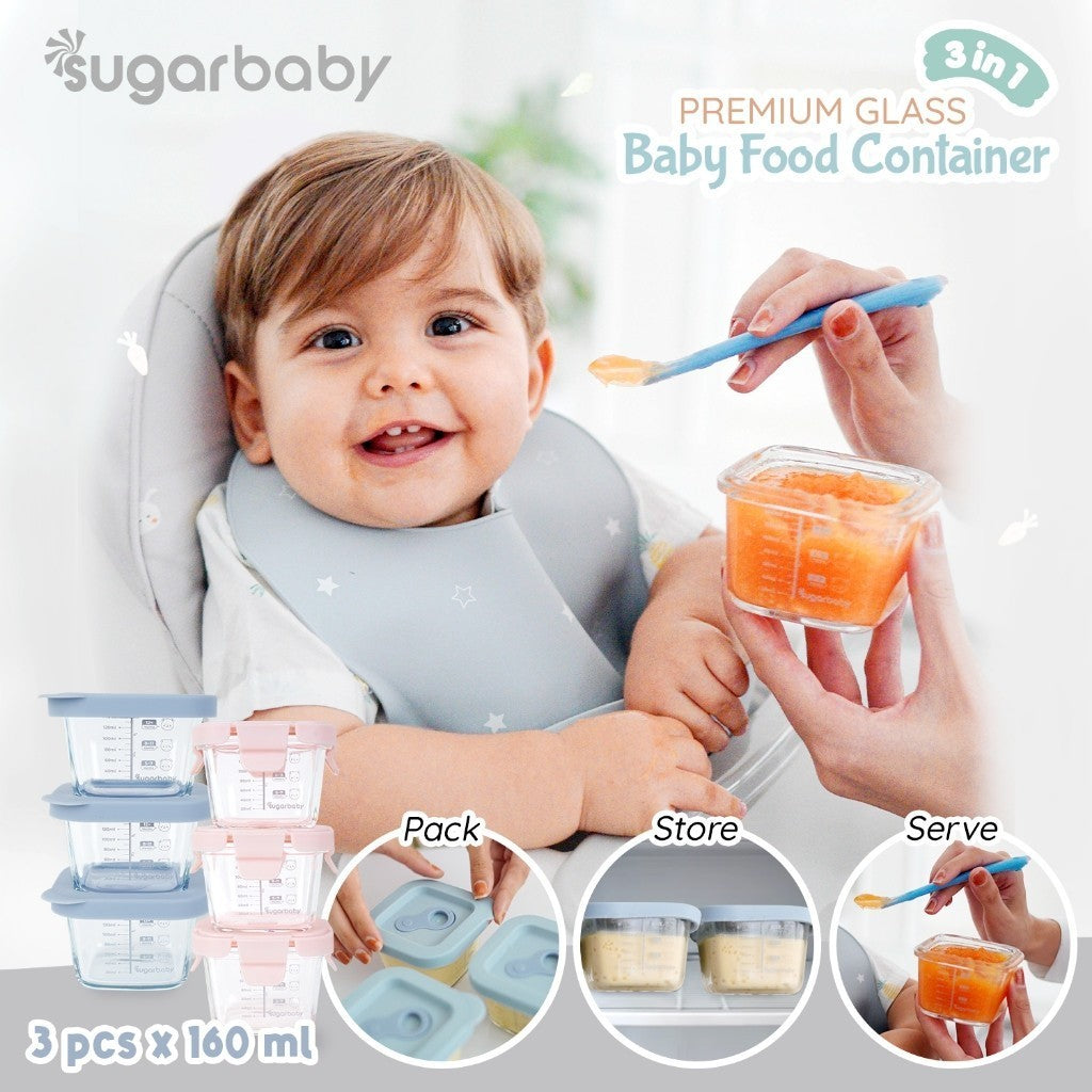 SugarBaby Premium Glass Jar Baby Food Container 3 pcs BPA FREE / Peralatan Makan Bayi MPASI / Wadah Mangkok Bayi Silicone Lid & Plastic Lid